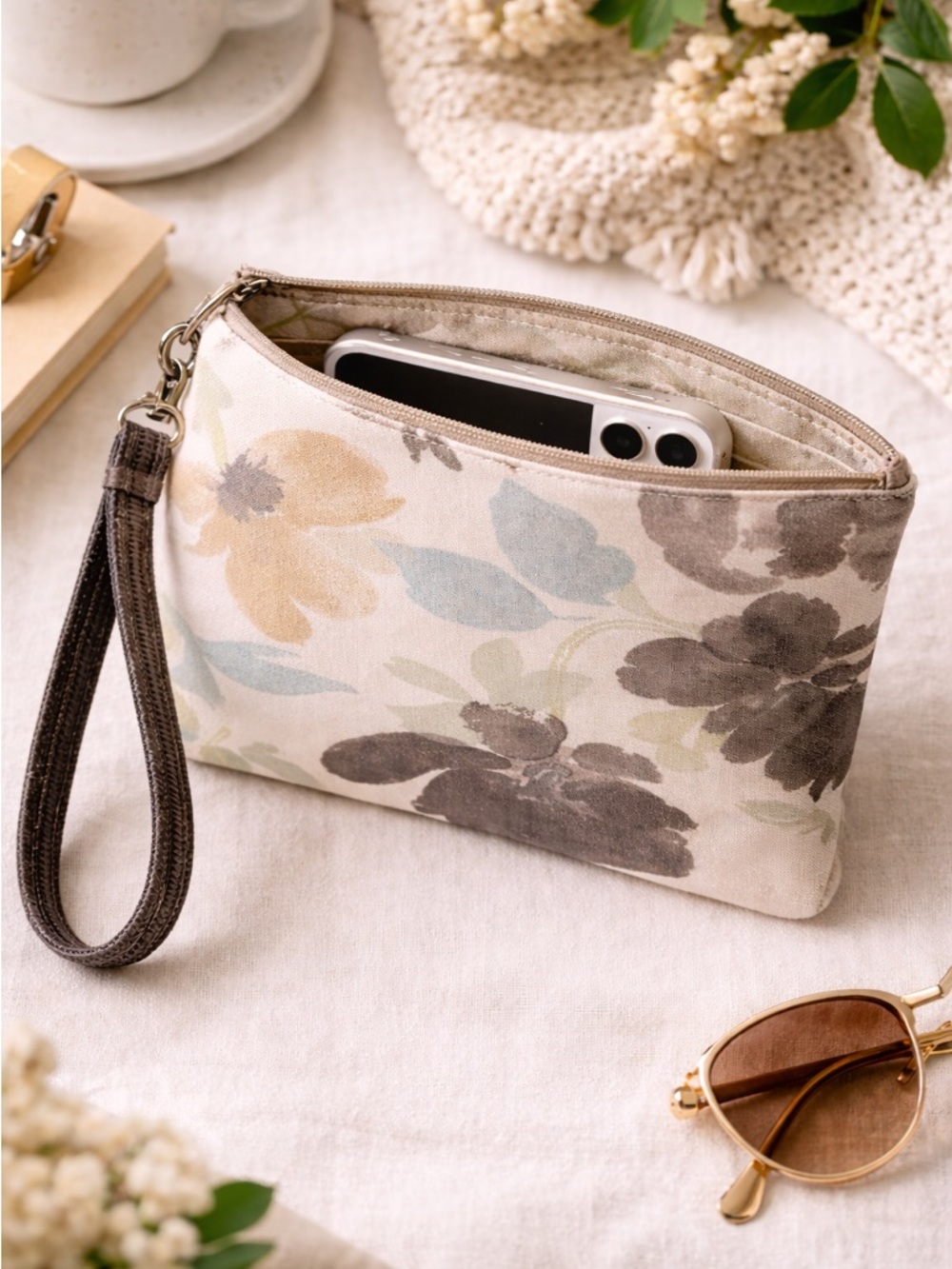 Handmade Neutral Floral Wristlet Clutch 8x6 Zipper Pouch